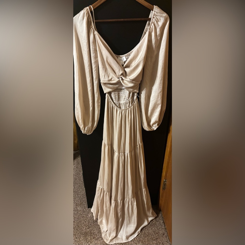 MARBLE Cream Long Sleeve Maxi Dress with Smocked Waist